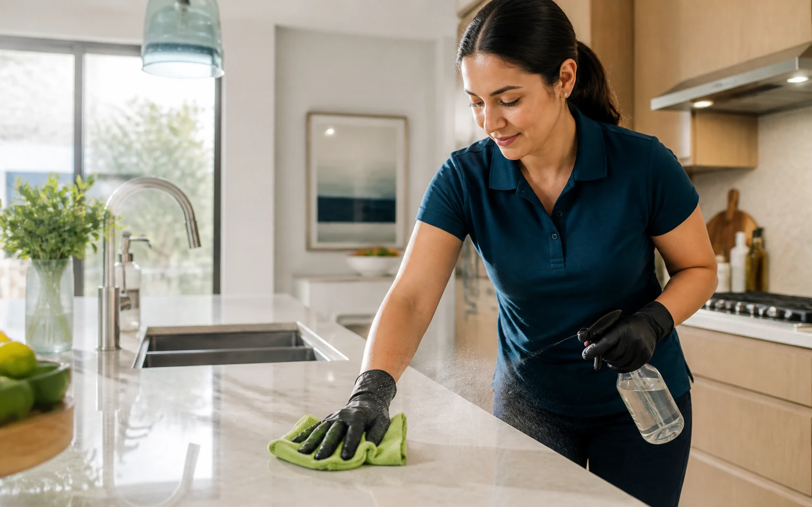 A Cleanic professional wiping a bright stone kitchen counter